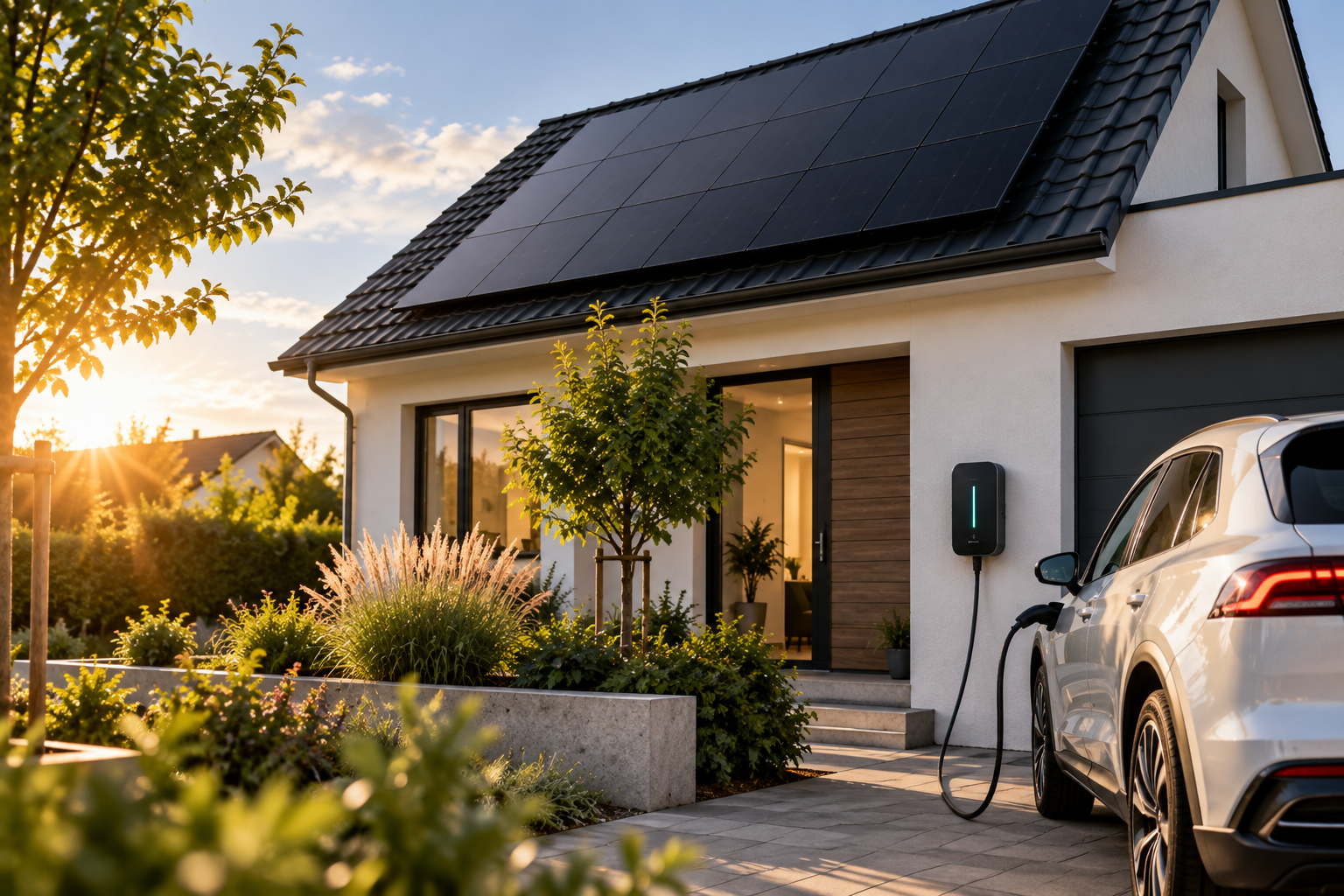 Elektroauto mit Solarstrom aus Photovoltaikanlage an Wallbox laden