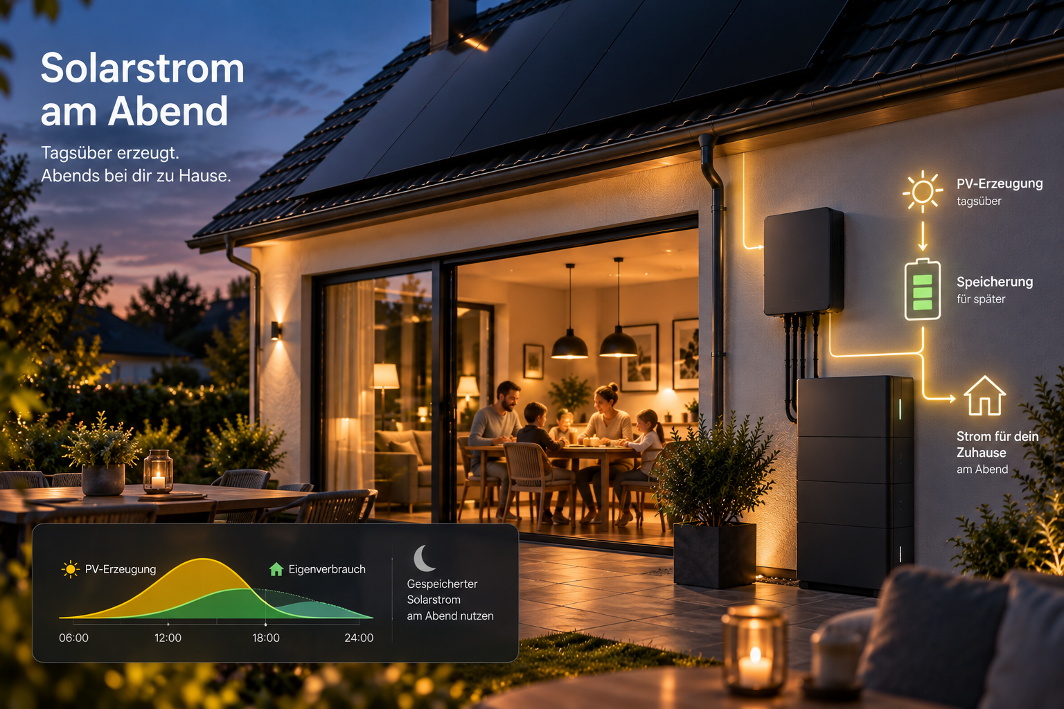 Stromspeicher versorgt ein Einfamilienhaus abends mit gespeichertem Solarstrom