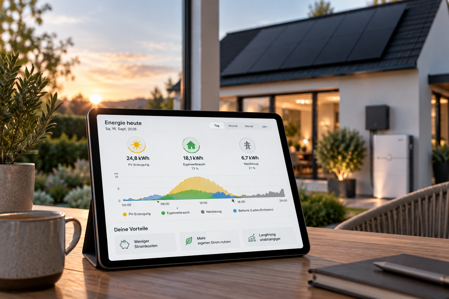 Energiemanagement zeigt Stromverbrauch und Einsparung durch Photovoltaik und Stromspeicher